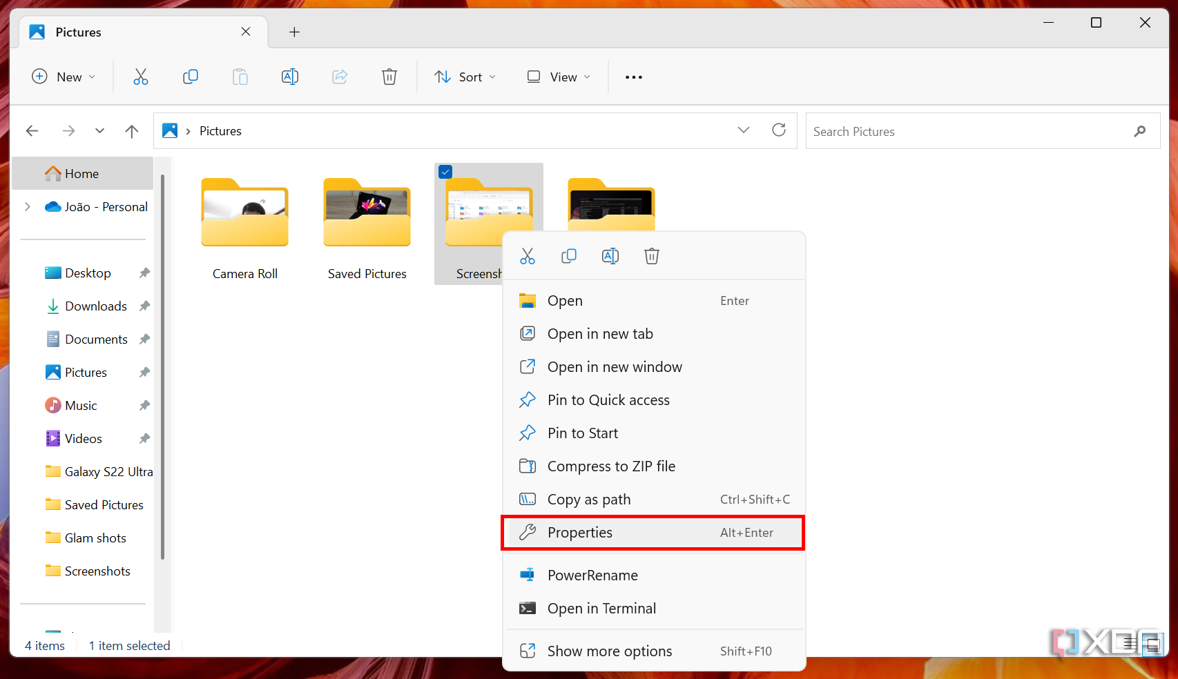 Screenshot of the Pictures library in Windows 11 with the context menu showing options for the Screenshots folder.