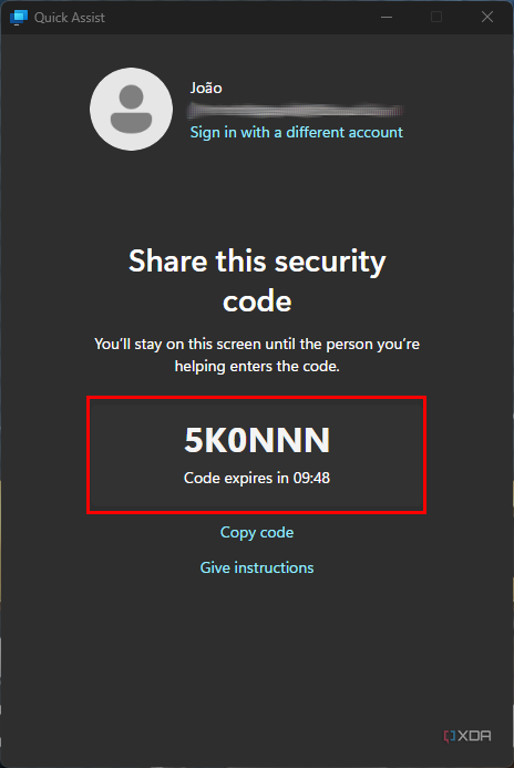 Screenshot of the helper security code in the Quick Assist app