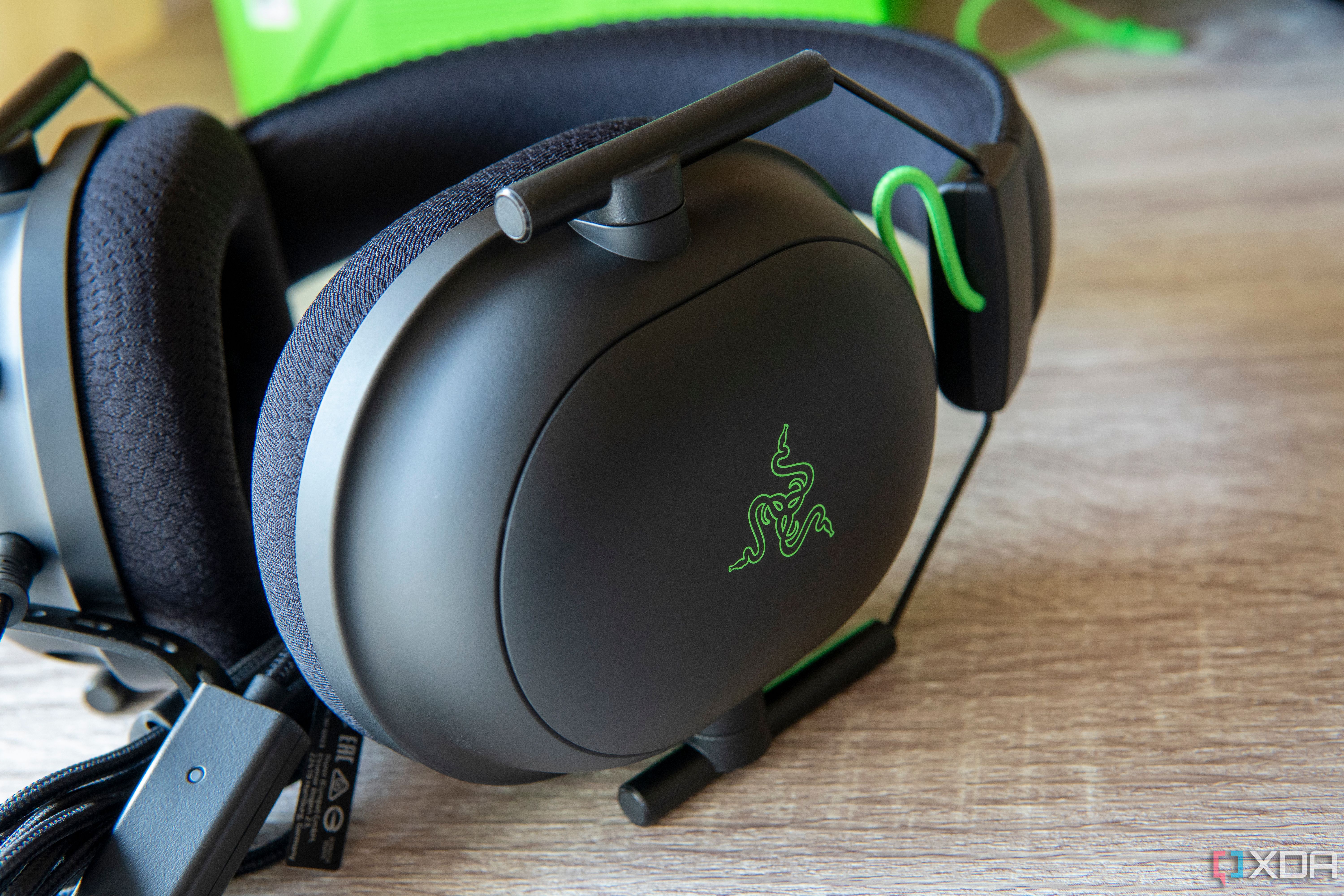 Close-up view of the outside of the earcup on the Razer BlackShark V2 headset