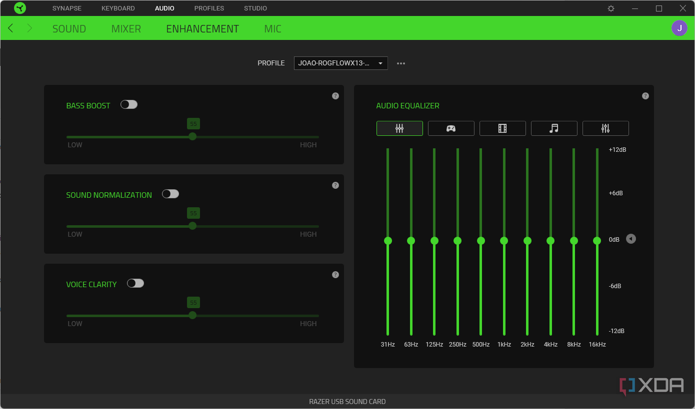 Screenshot of the equalizer and headphone enhancements in Razer Synapse