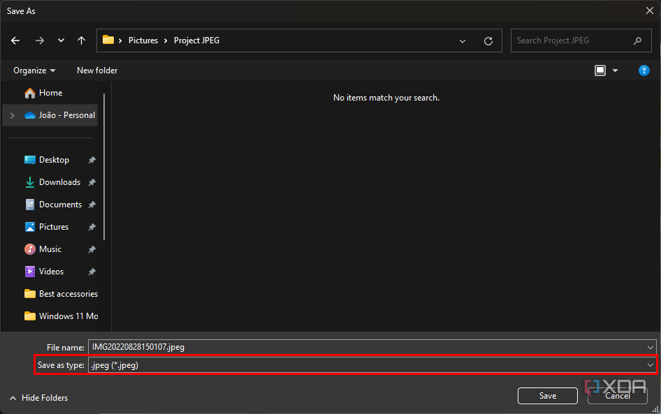 Captura de pantalla de un cuadro de diálogo Guardar de Windows 11 con el tipo de archivo establecido en JPEG