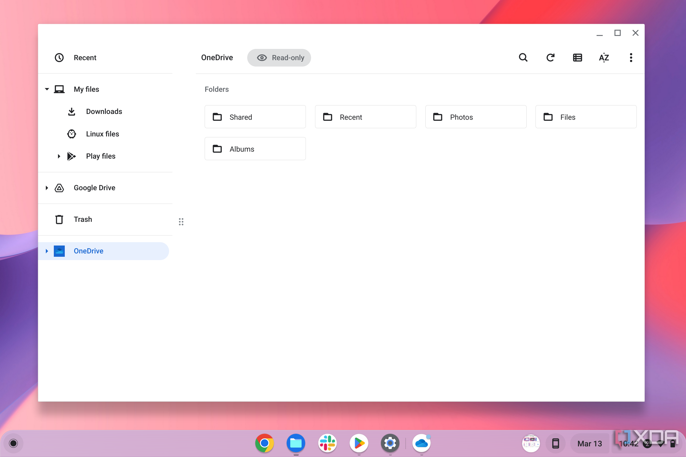 The ChromeOS read-only Files app shows OneDrive