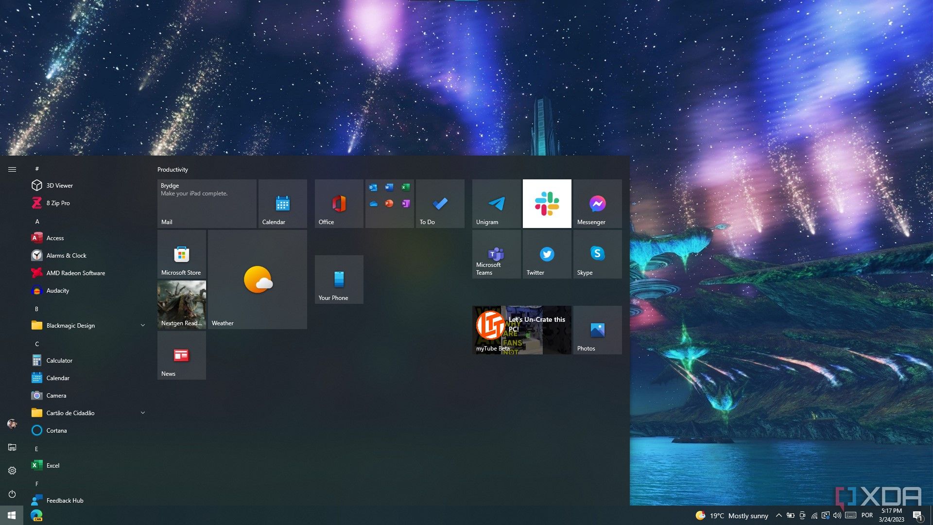 Captura de pantalla del menú Inicio de Windows 10 redimensionado para ocupar aproximadamente el 60 % del ancho y la altura de la pantalla