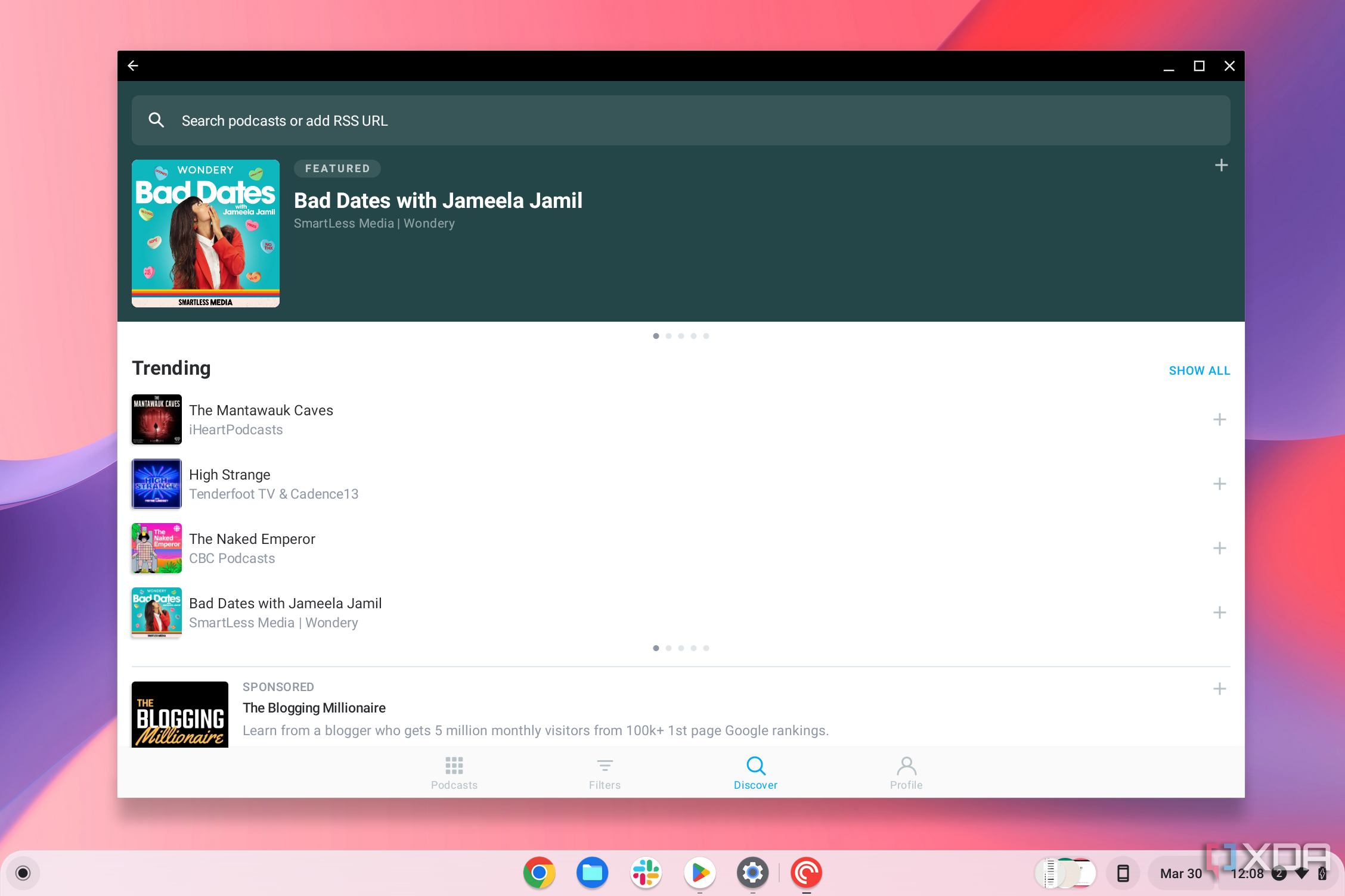 PocketCasts running on ChromeOS showing a sugested podcast