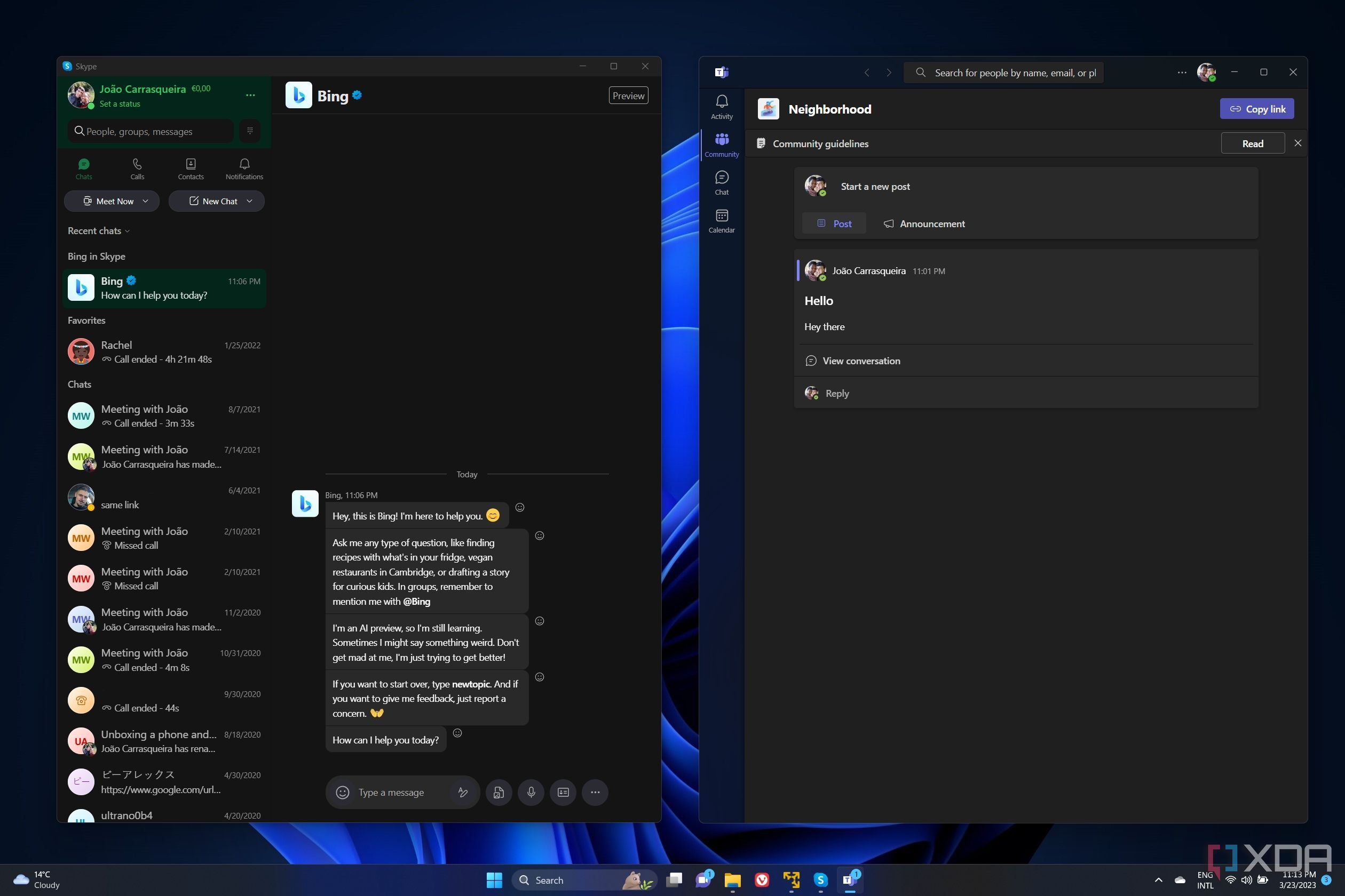 Screenshot of the Skype and Teams apps running side-by-side. Skype is displaying Bing integration, while Teams is showing the Communities feature