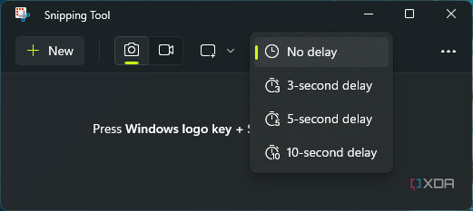 Screenshot of the capture delay options in the Windows 11 Snipping Tool