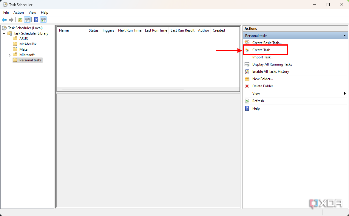 Screenshot of Task Scheduler with the option to create a new task highlighted
