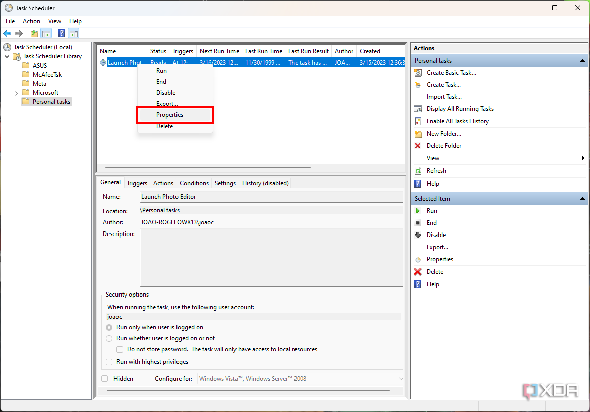 Screenshot of a Task Scheduler context menu with the option to change the properties for a selected task