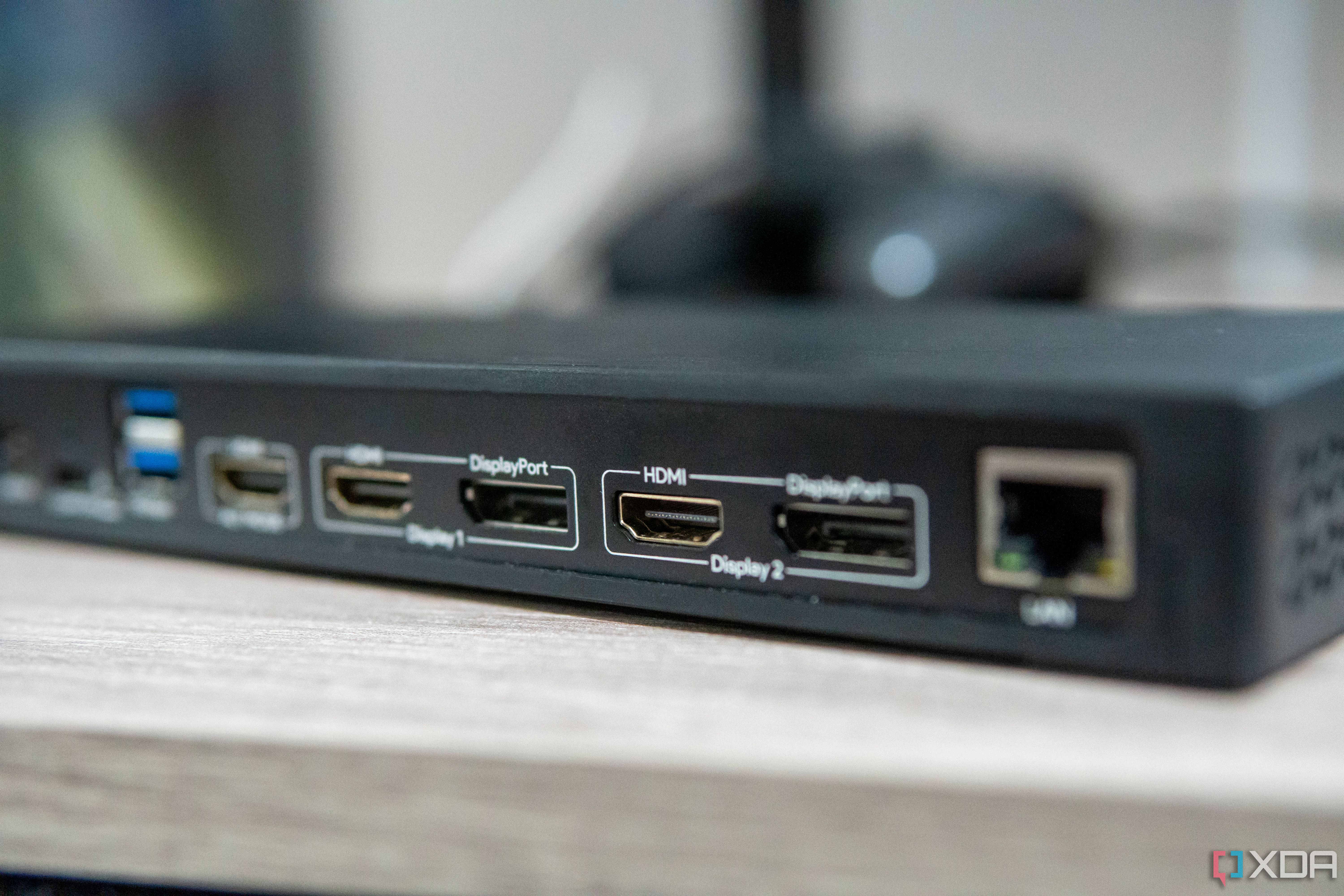 The VisionTek VT7400's angled rear view focuses on the DisplayPort and HDMI ports