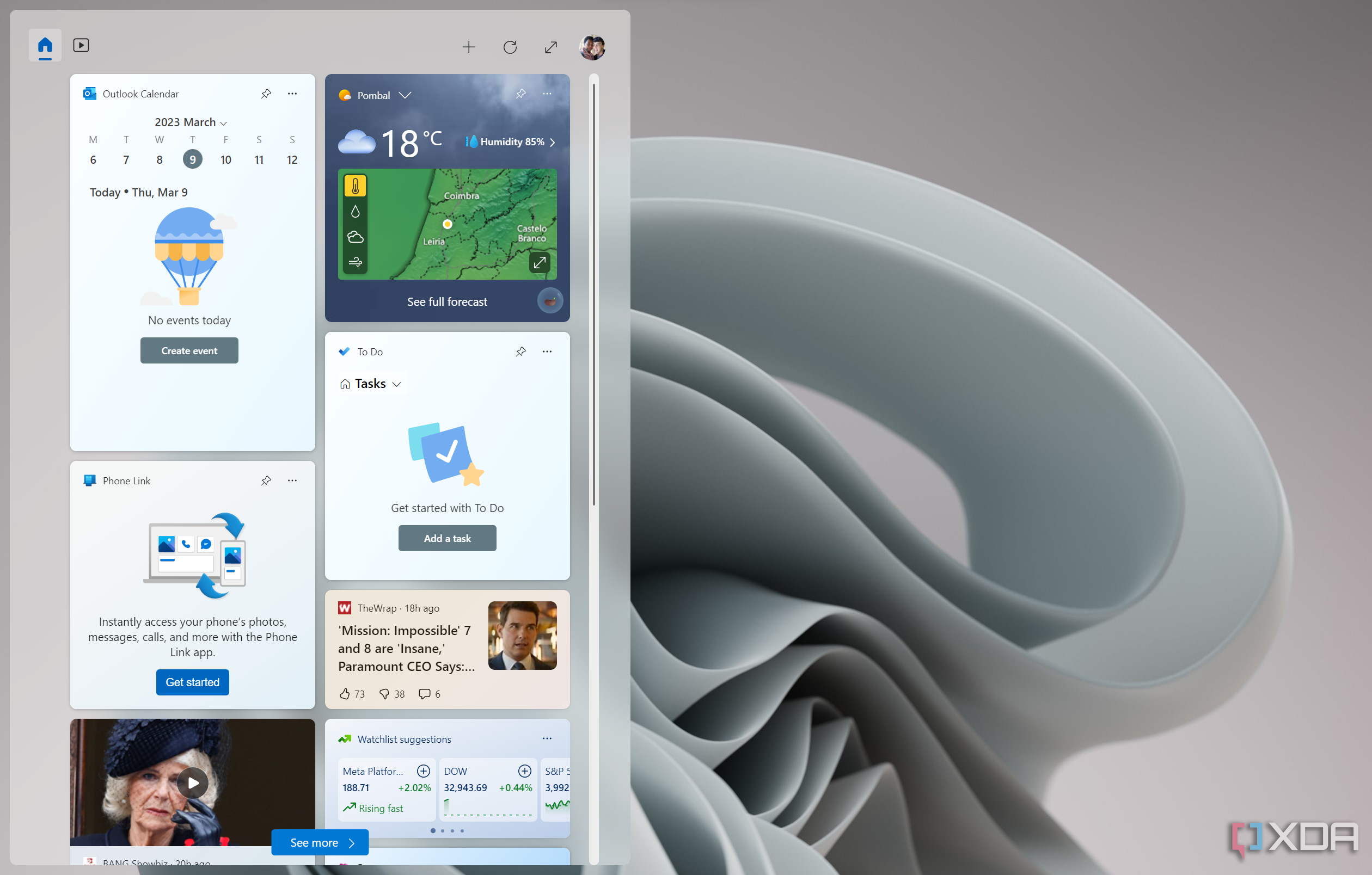 Screenshot of the Windows 11 Widgets panel showing various pinned widgets and news items