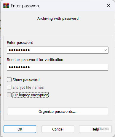 Screenshot of password settings window in WinRAR