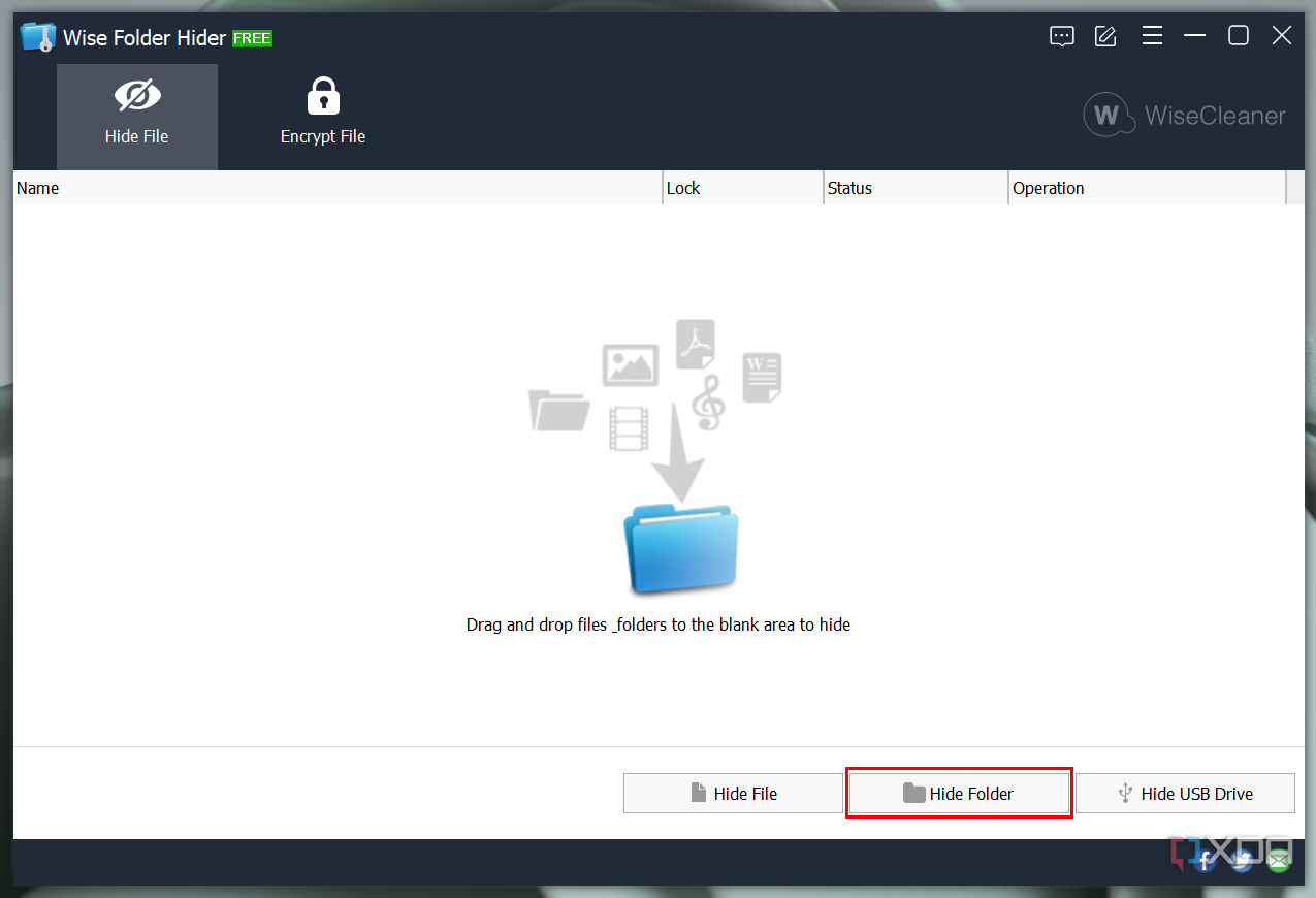 Скриншот основного интерфейса Wise Folder Hider с возможностью скрыть папку, выделенную красным