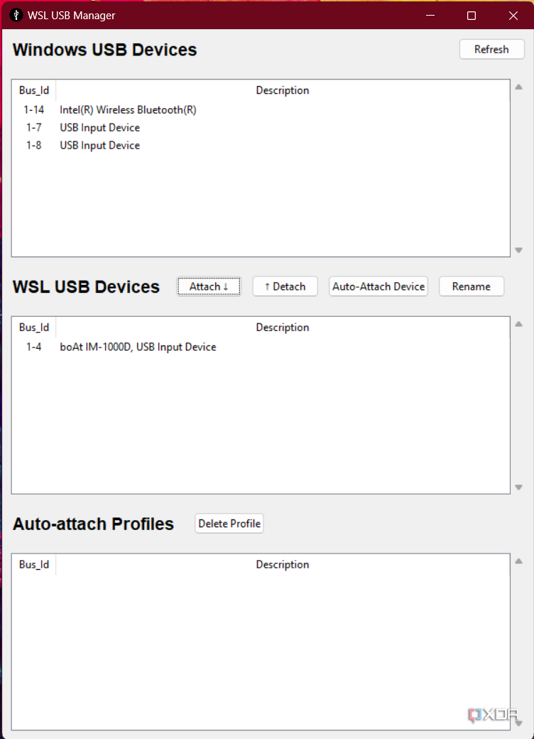 WSL USB Manager showing one USB device connected to the WSL instance 