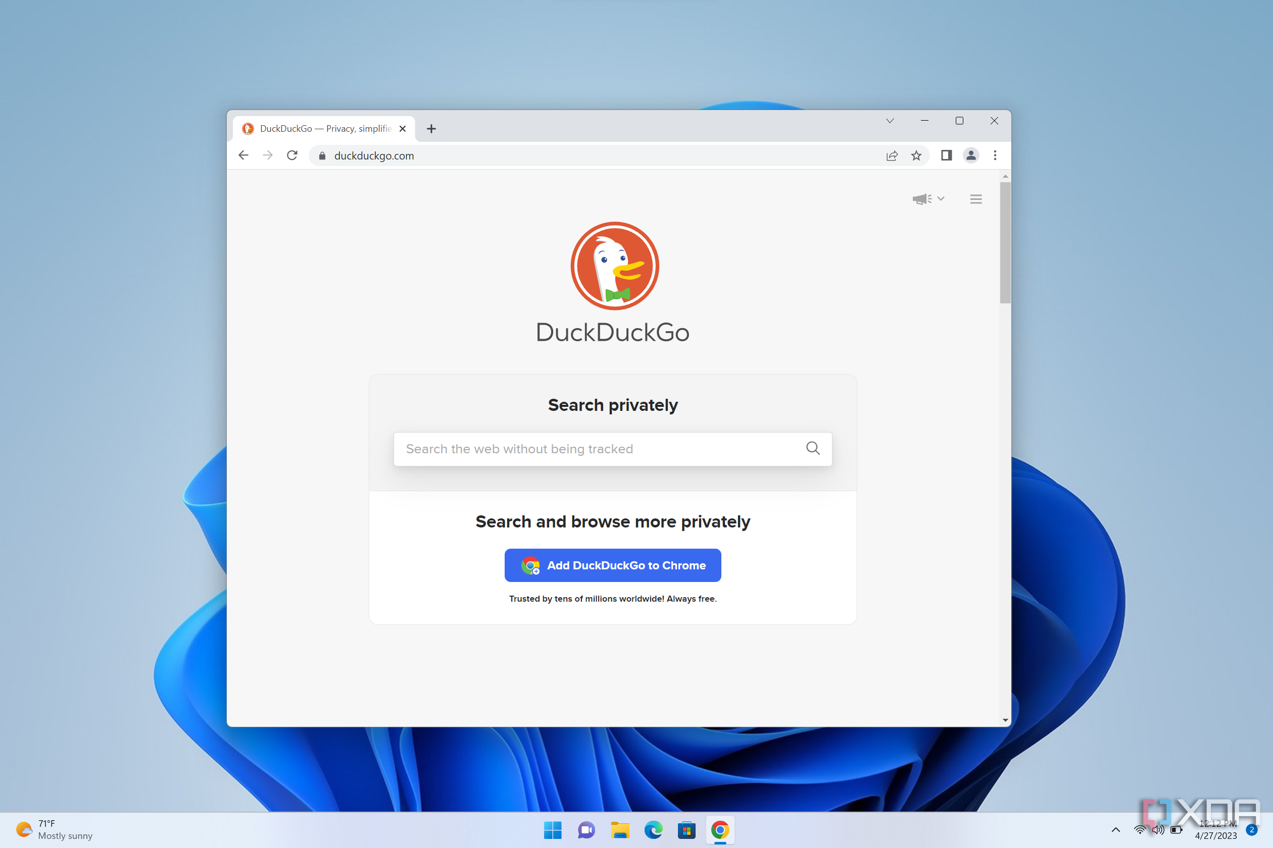 Screenshot of Google Chrome running on Windows 11 displaying the DuckDuckGo homepage