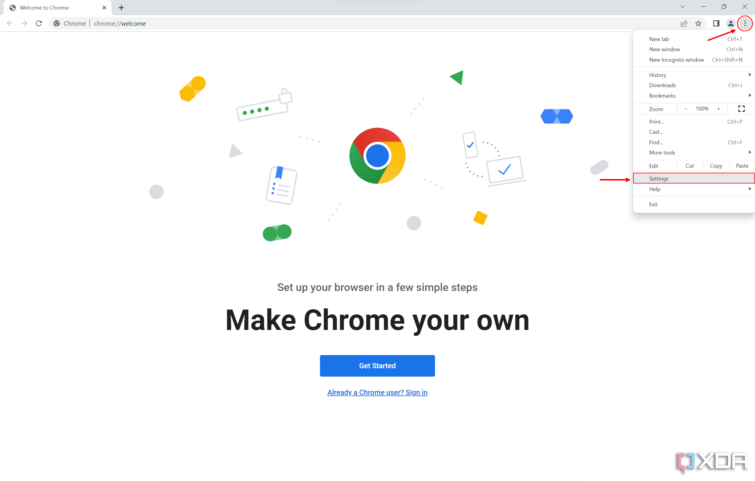 Screenshot of Google Chrome with the menu button and Settings option highlighted