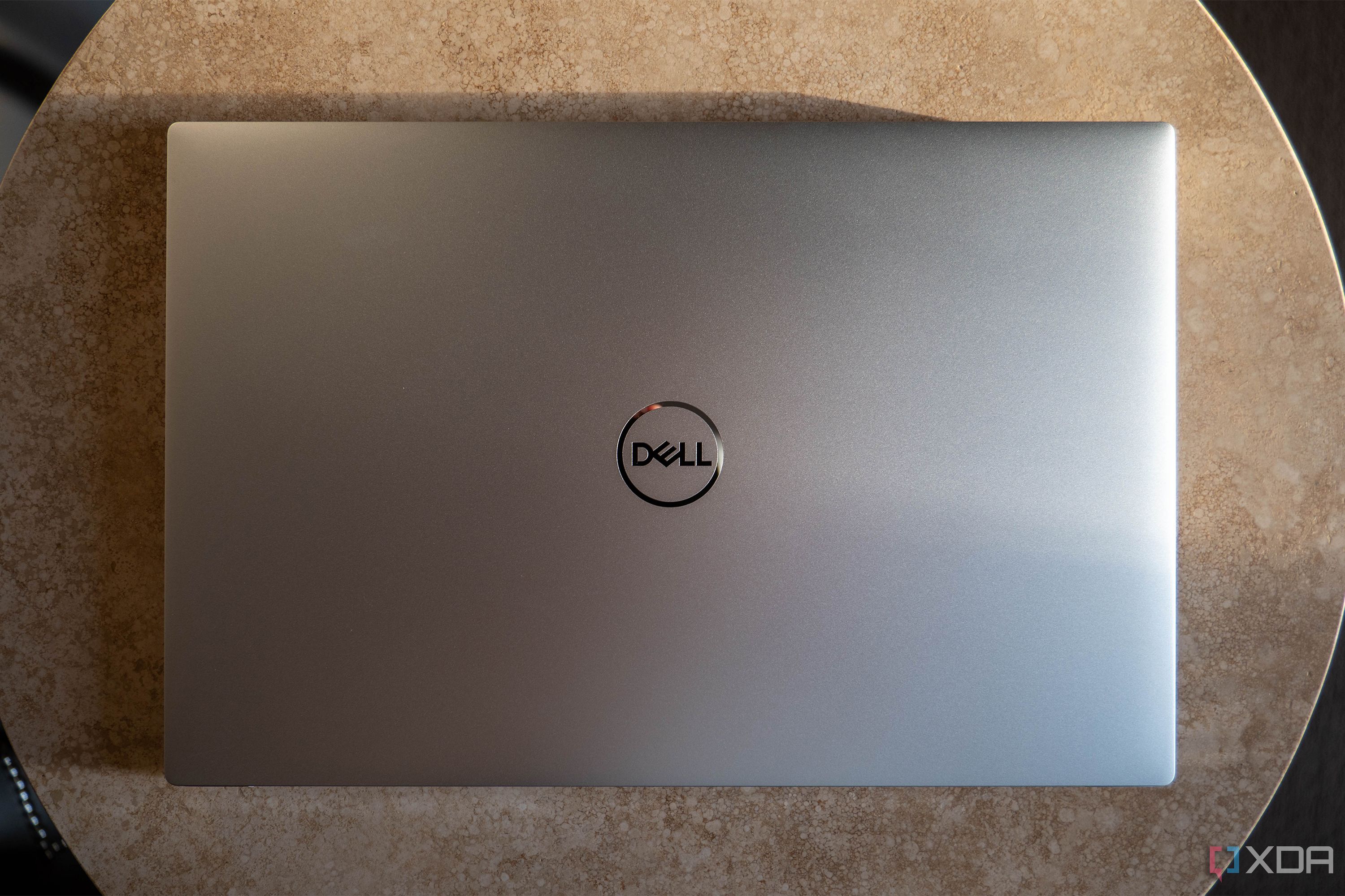 Top down view of silver Dell laptop