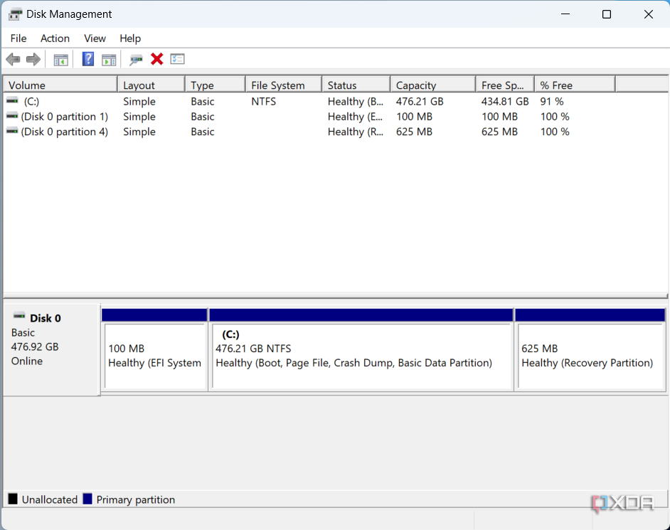 Screenshot of disk management in Windows 11