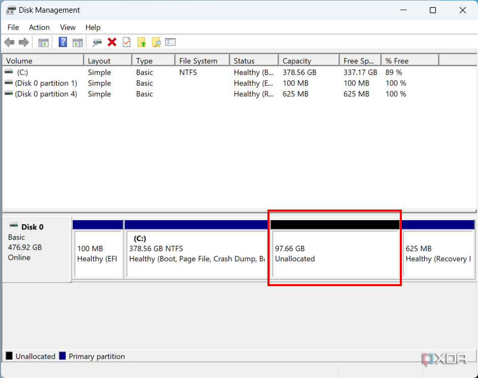 Screenshot of disk management showing a portion of unallocated space on a drive