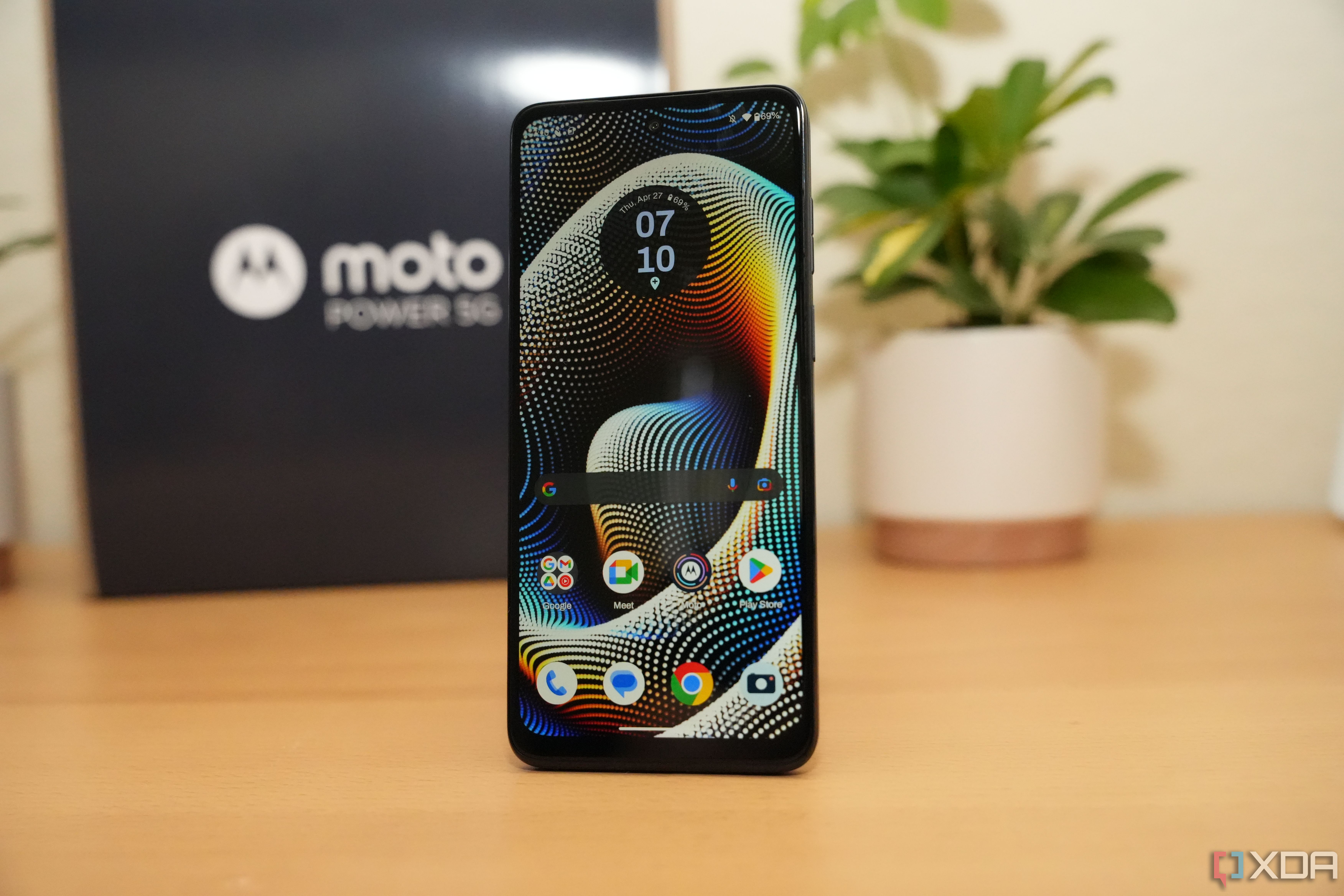 Motorola G Power 5G 2023  in front of Moto G Power box and a plant
