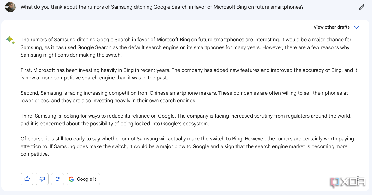 Google Bard-Abfrageergebnisse für Bing Chat ersetzen Google Serach auf Samsung