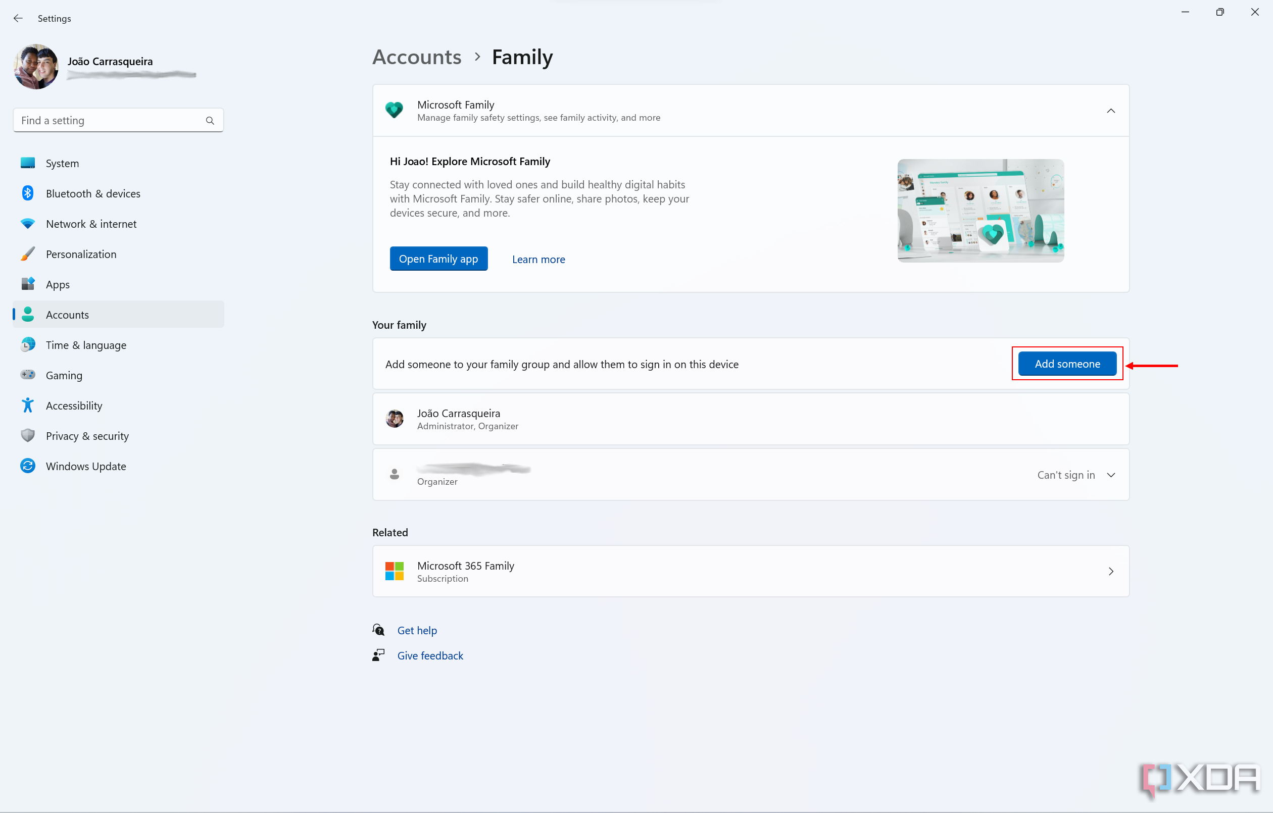 Screenshot of the Family page in the Windows 11 Settings app