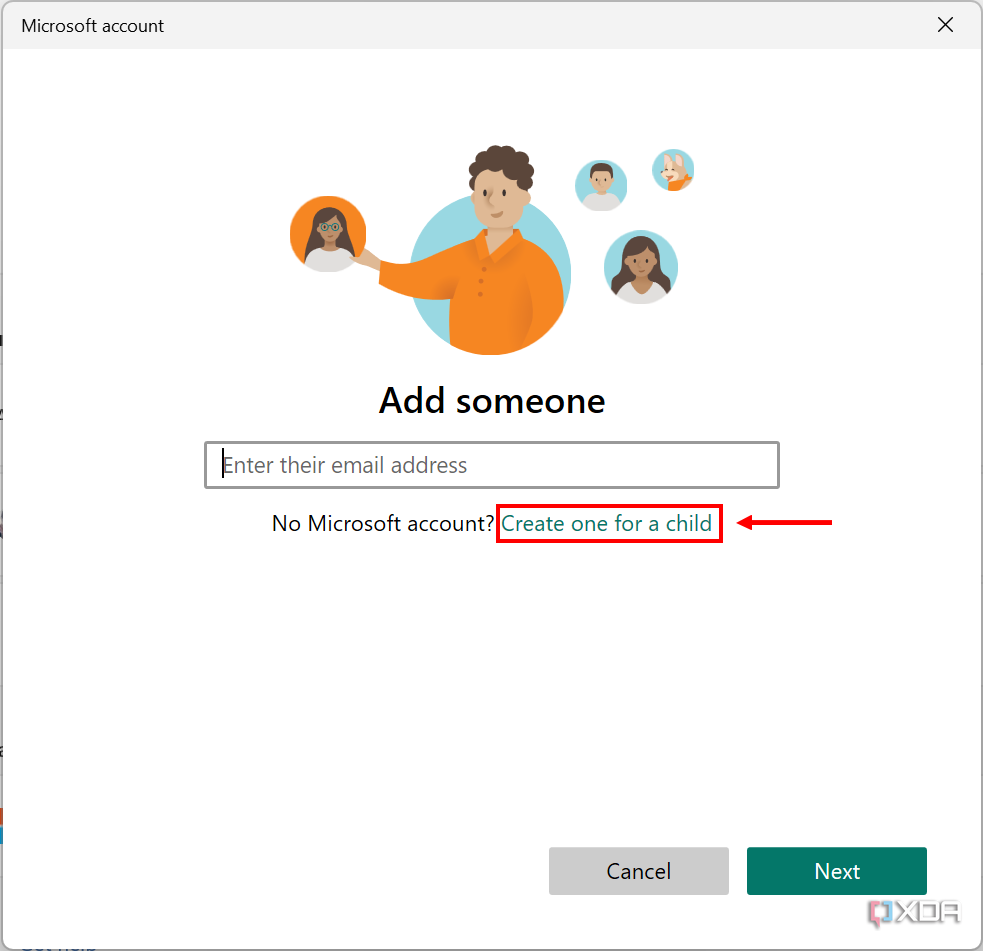 Screenshot of a login page for a child with a Microsoft account. The button to create a new child account is highlighted