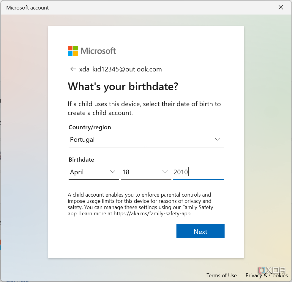 Screenshot of Microsoft account creation asking for the user's country and birth date