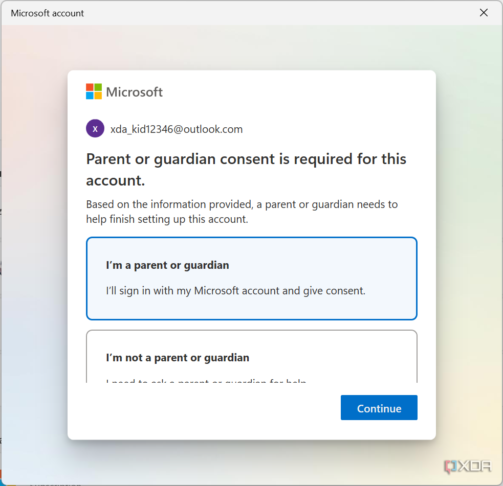 Screenshot of child account setup on Windows 11 asking the user if they're a parent or legal guardian of the child for whom the account is being created.