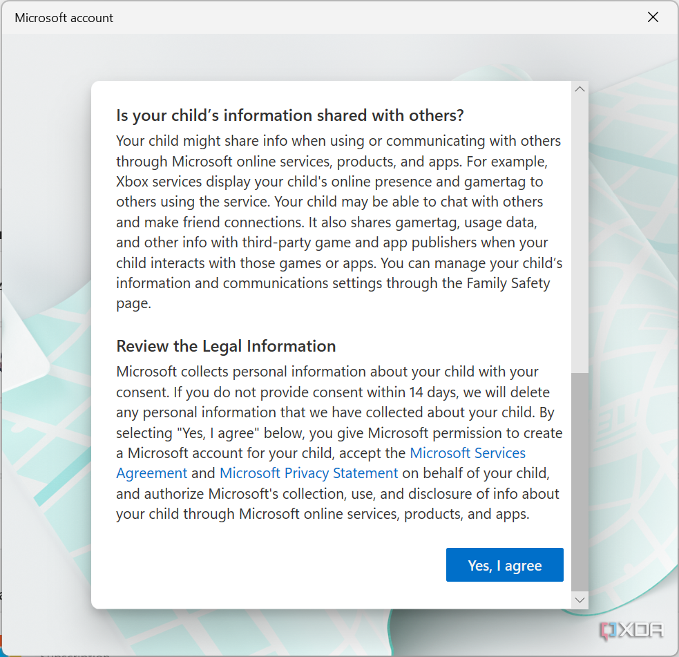 Screenshot of legal information shown to the parent when creating a child account
