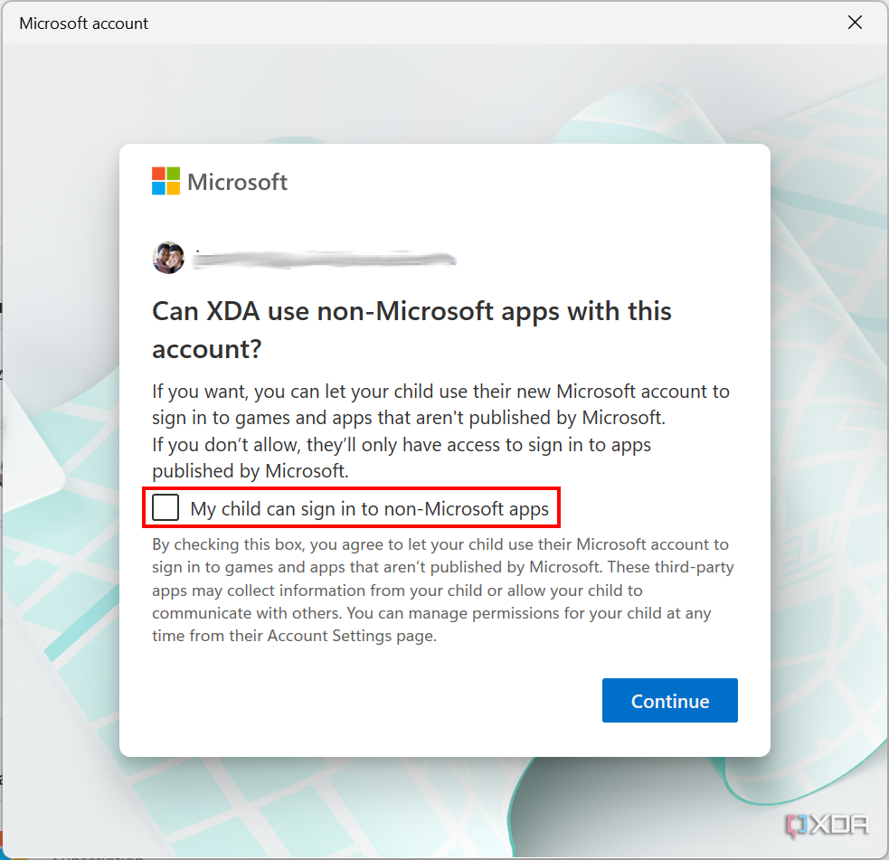 Screenshot of child account setup on Windows 11 asking the parent if the child account can sign into non-Microsoft apps