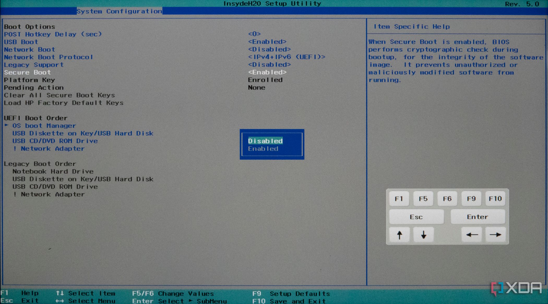 Screenshot of HP BIOS with Secure Boot disabled