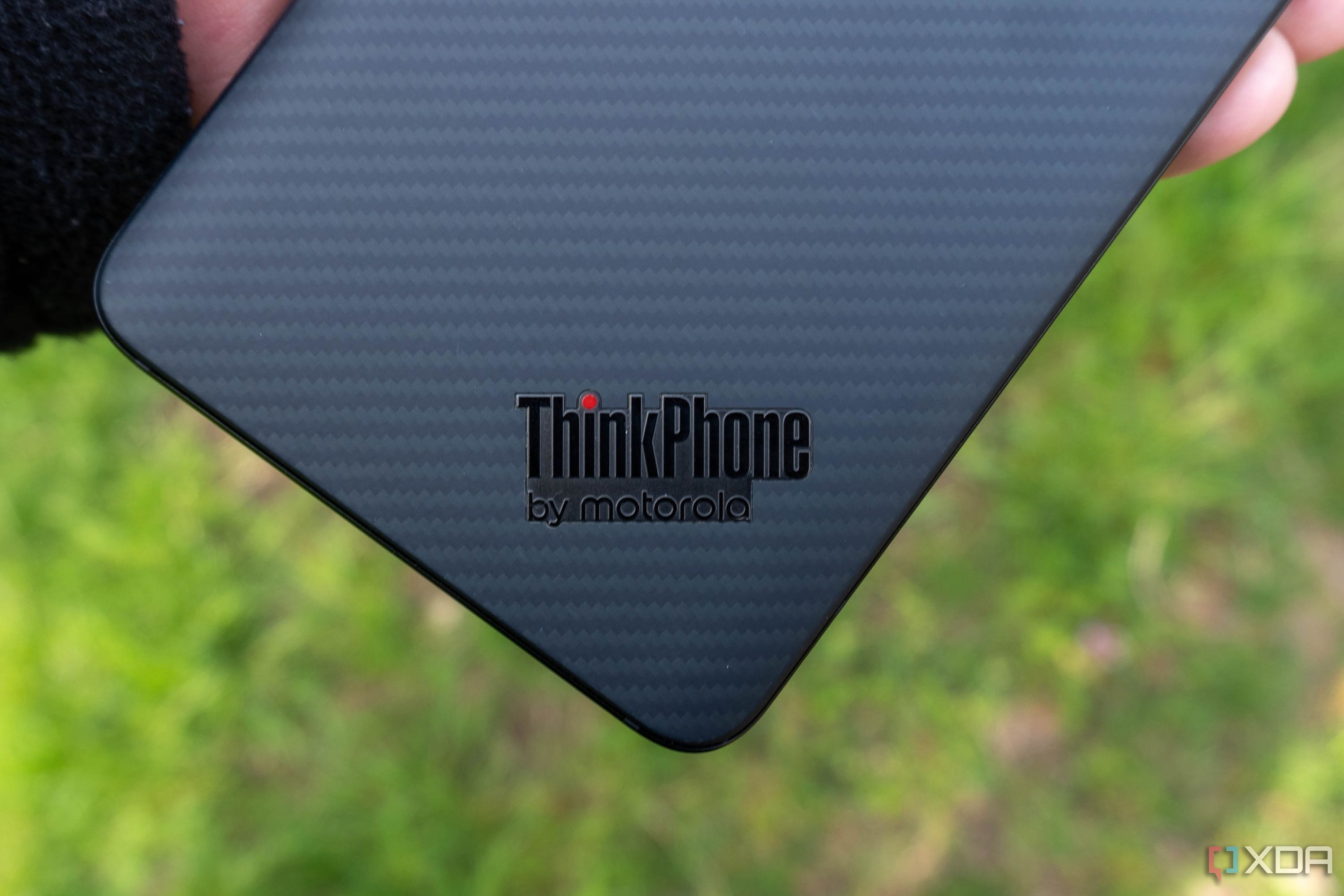 Close up of ThinkPhone by Motorola logo