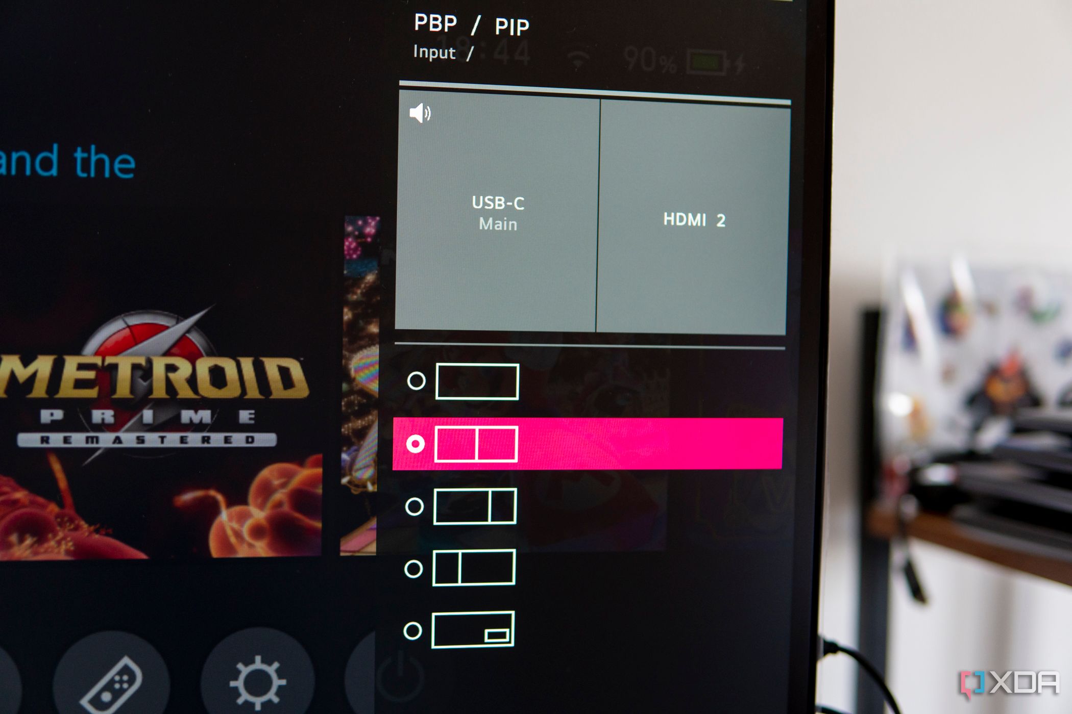 Close-up view of the on-screen display settings on the LG UltraWide 49WQ95C monitor showing multiple picture-by-picture and picture-in-picture modes