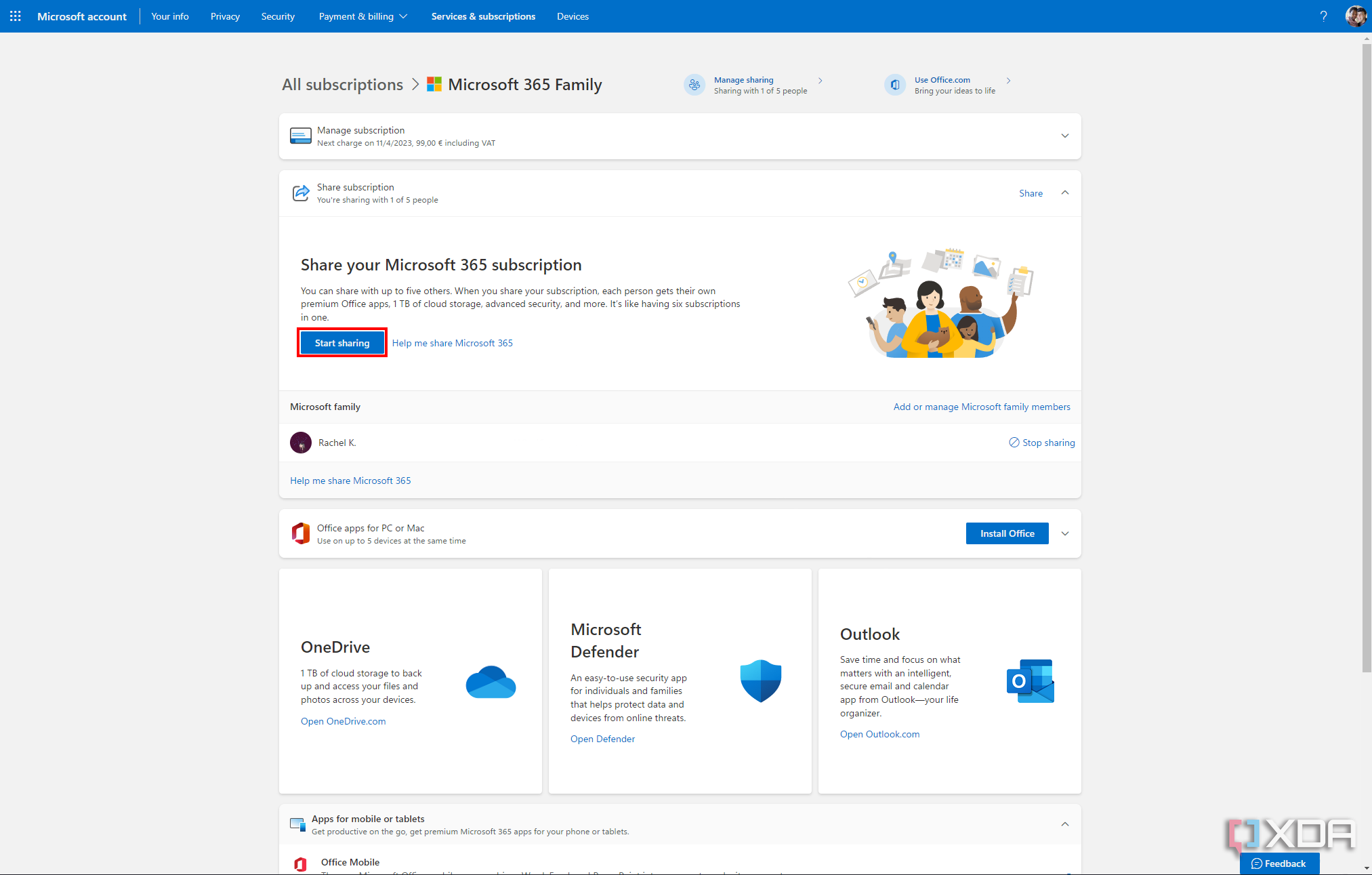 Screenshot of the Microsoft services page on Microsoft's website with the Start sharing button highlighted