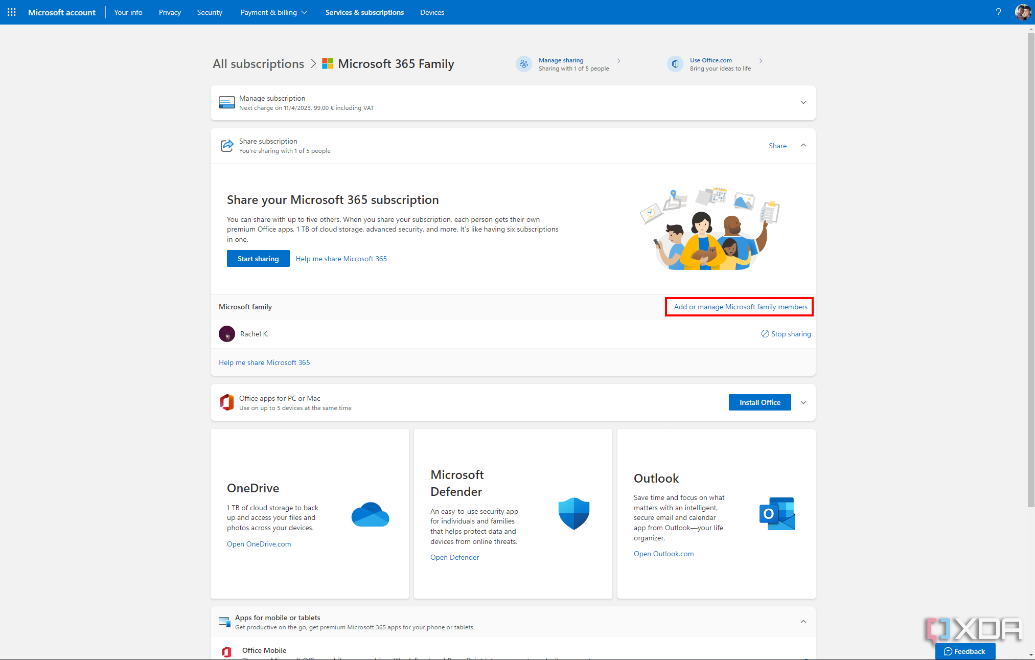 Screenshot of the Microsoft services page on Microsoft's website with the Add or manage family members button highlighted