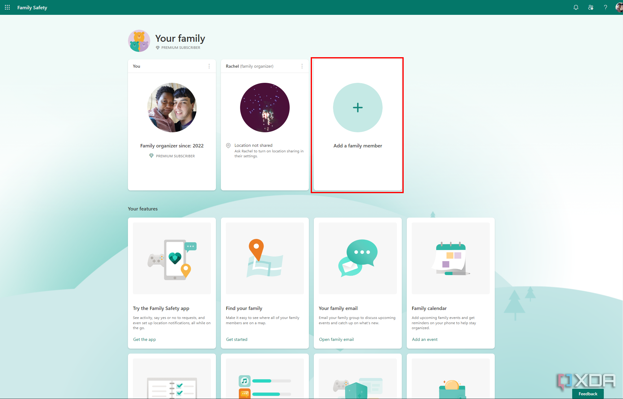 Screenshot of the Microsoft Family Safety webpage with the option to add a new family member highlighted