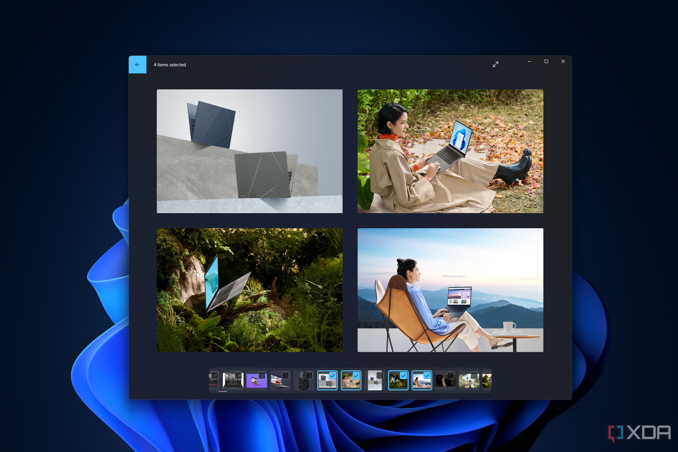 Screenshot of the Windows 11 Photos app displaying four images with a desktop image in the background