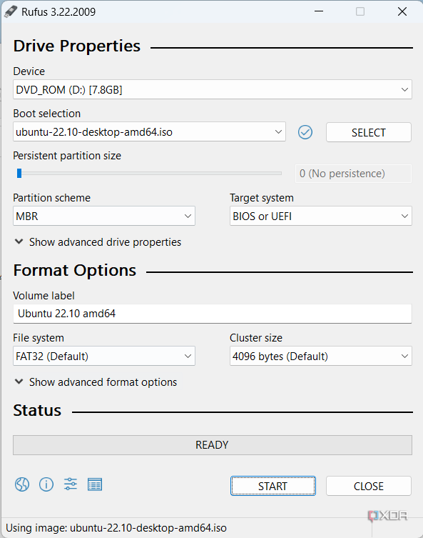 Screenshot of Rufus using the default settings for creating an Ubuntu ISO