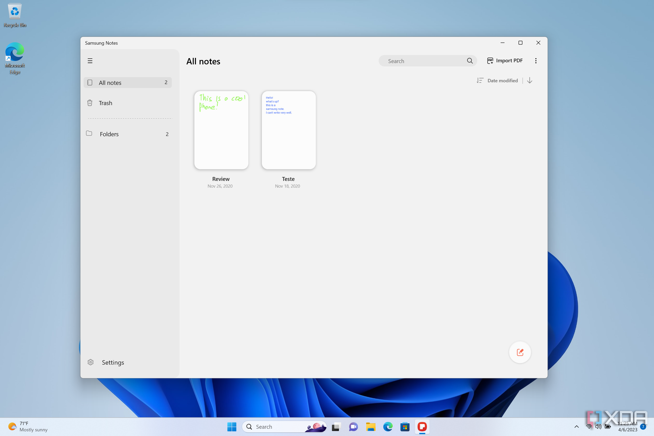 Screenshot of Samsung Notes on Windows 11