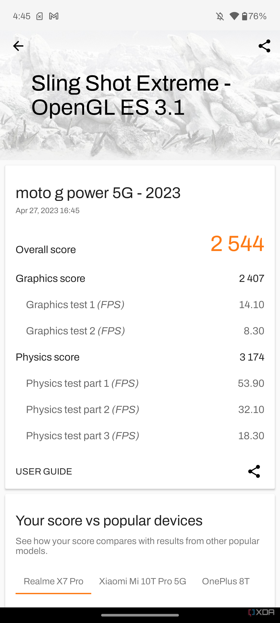Moto G Power 5G 2023 3DMark results from Sling Shot Extreme test