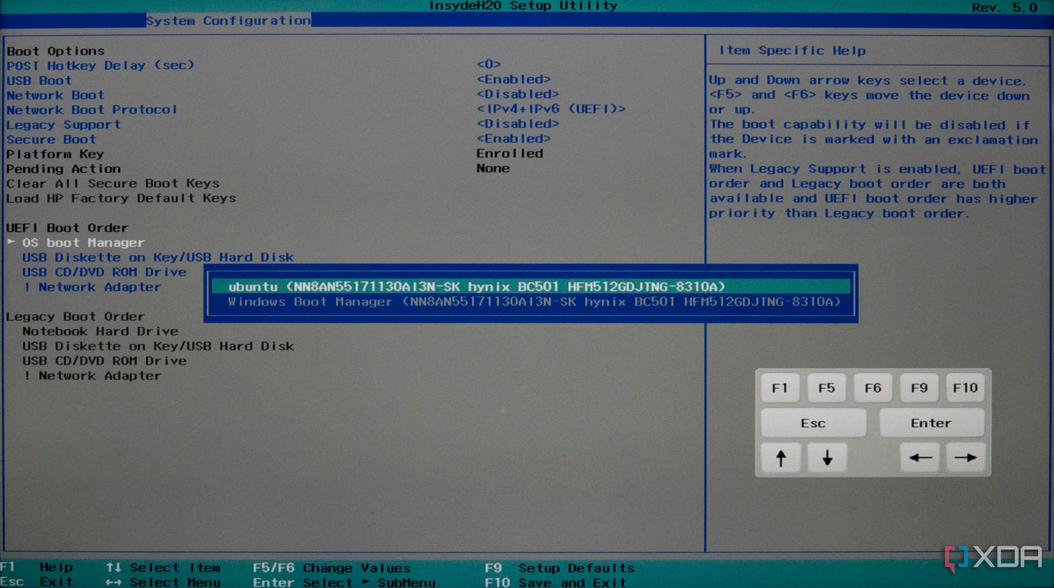 Screenshot of BIOS settings showing Ubuntu as the first option in the OS Boot Manager