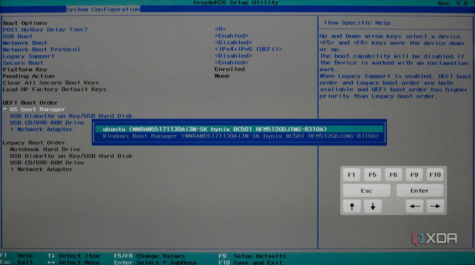 Captura de pantalla de la configuración del BIOS que muestra a Ubuntu como la primera opción en el administrador de arranque del sistema operativo OS