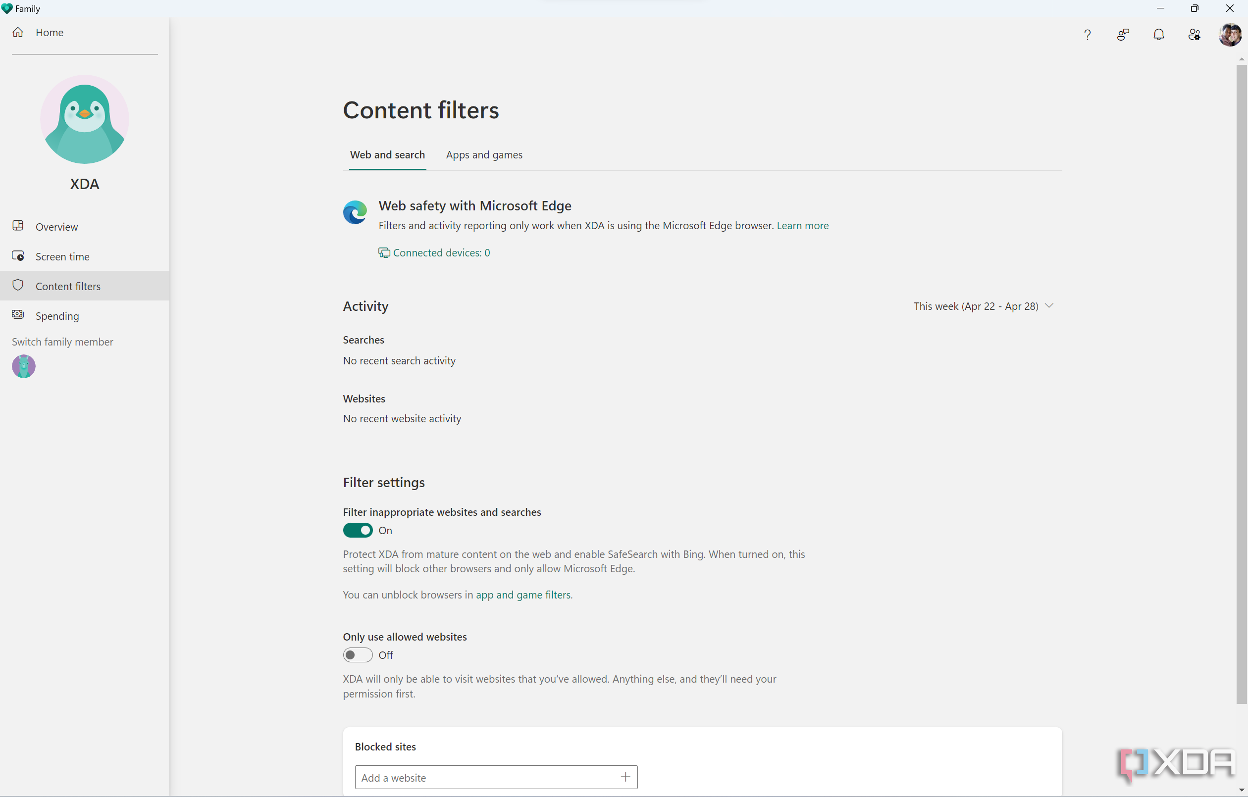 Screenshot of web and search content filters page in Microsoft Family app