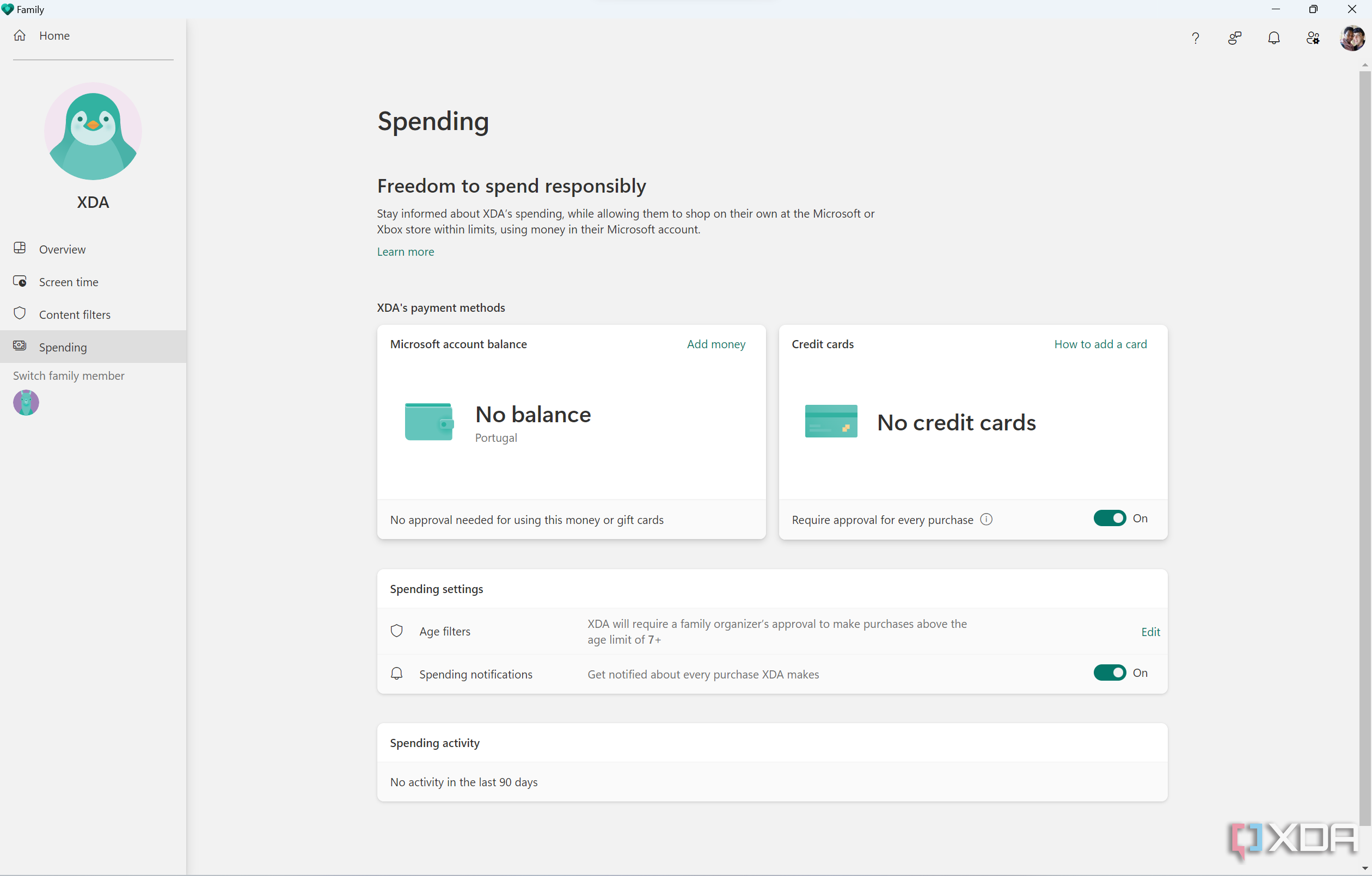 Screenshot of the Spending section in Microsoft Family app