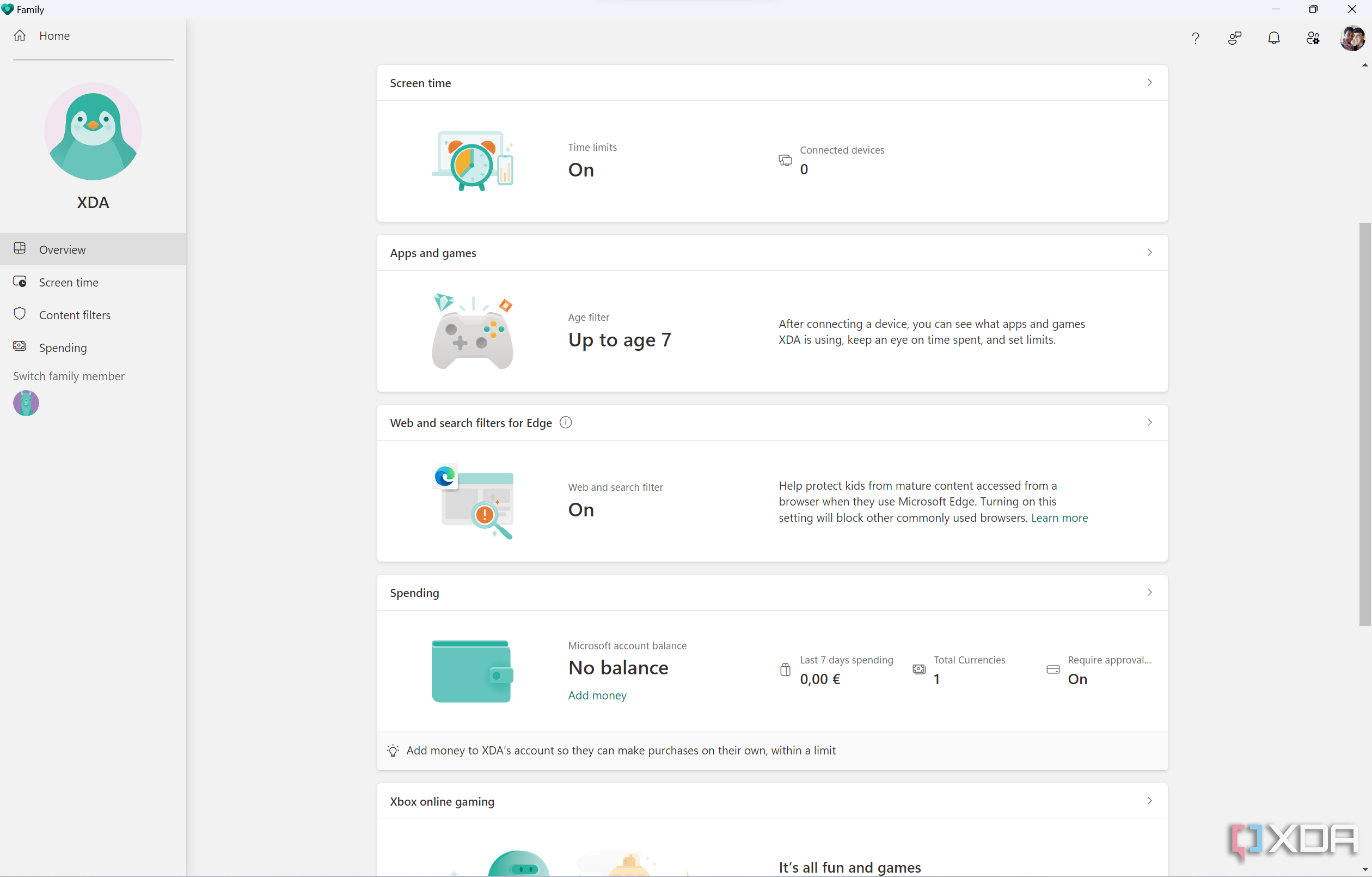Child account overview page in Microsoft Family app