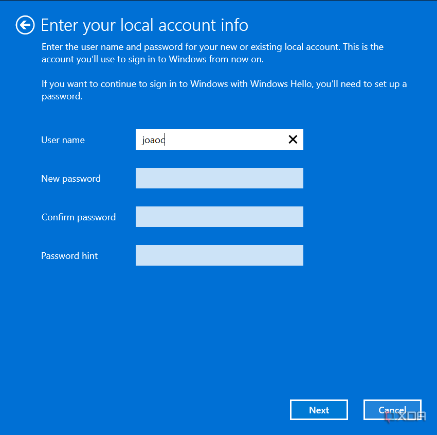 Screenshot of local account information fields when switching to a local account on Windows 11