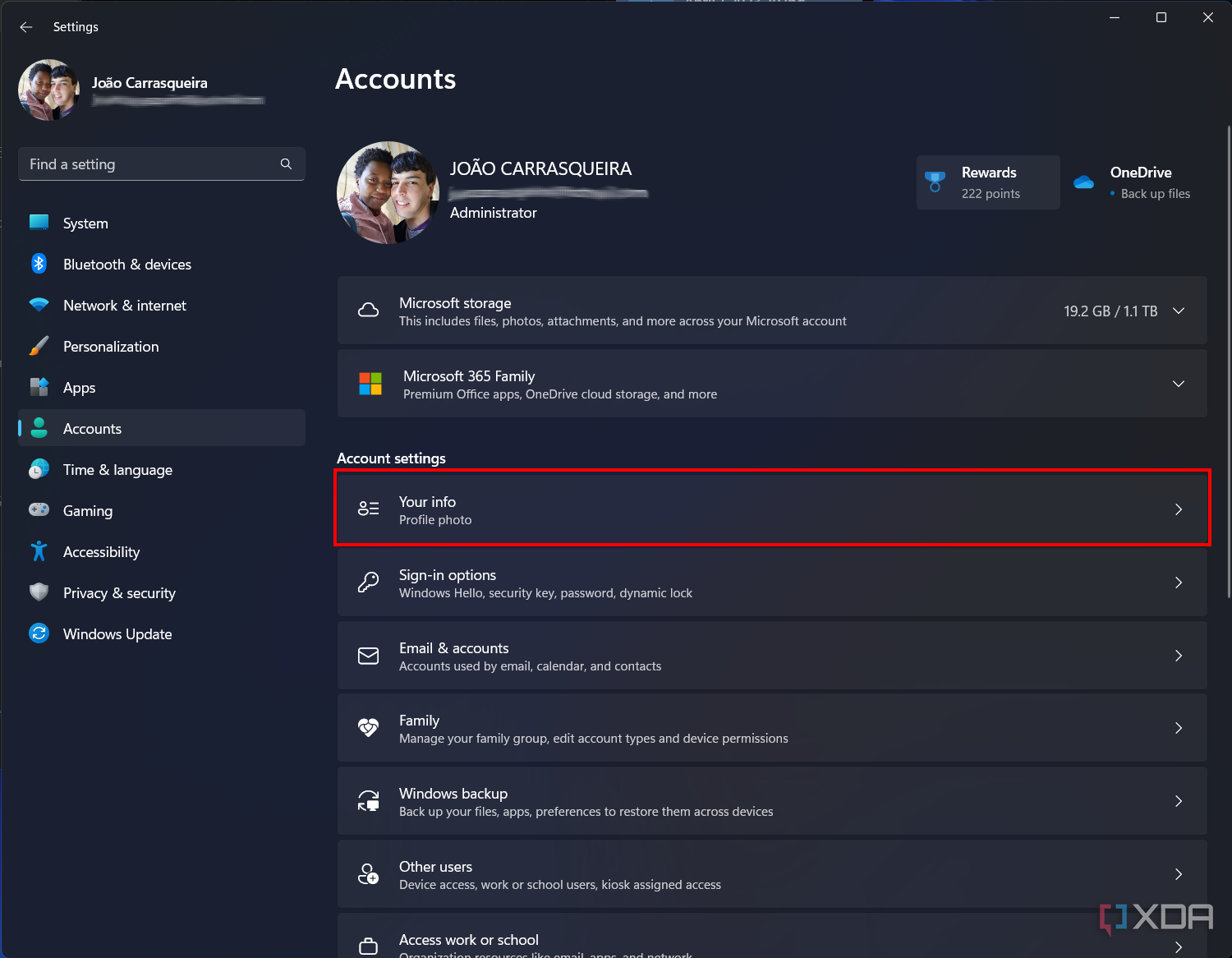 Screenshot of Windows 11 Settings with Accounts section open and the Your info option highlighted