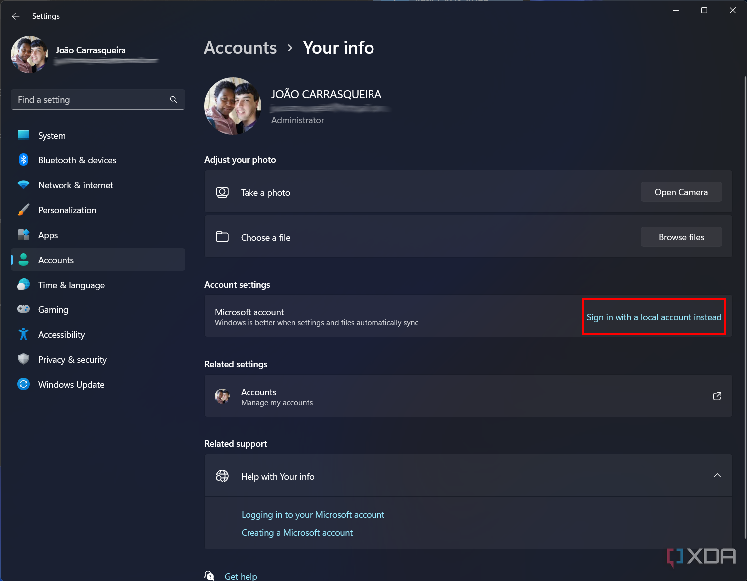 Screenshot of the Your info page with option to switch to a local account highlighted