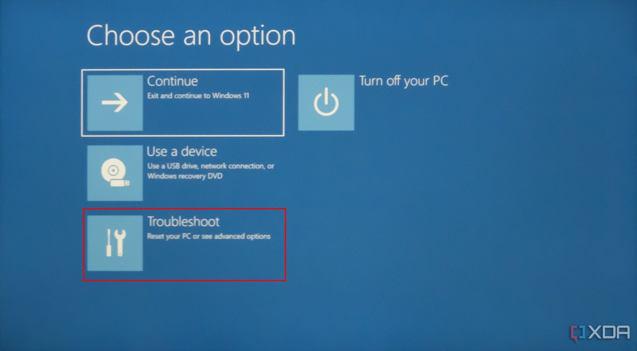 Screenshot of the Windows Recovery Environment with the troubleshoot option highlighted