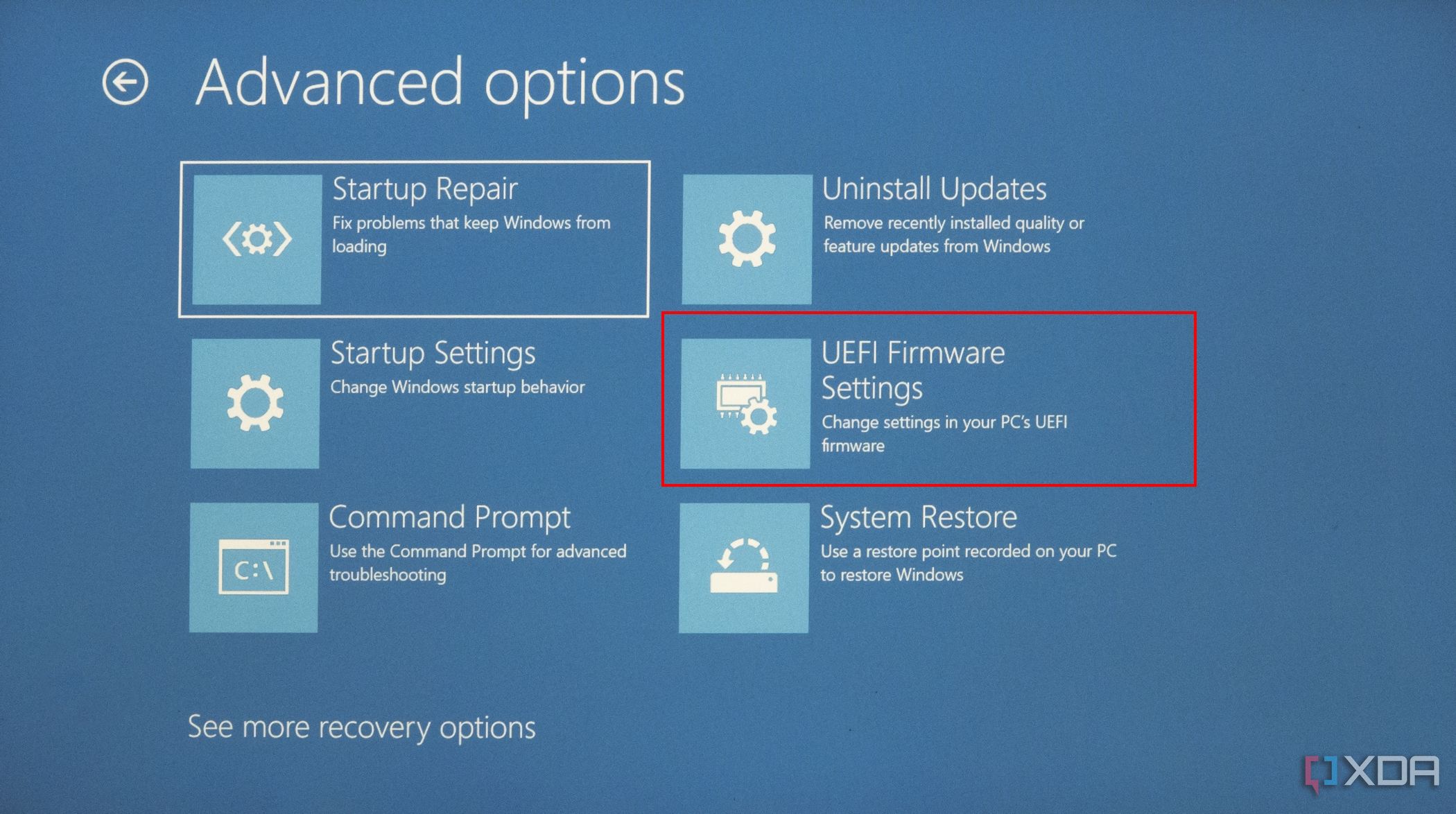 Screenshot of Windows Recovery Environment with UEFI Firmware Settings option highlighted